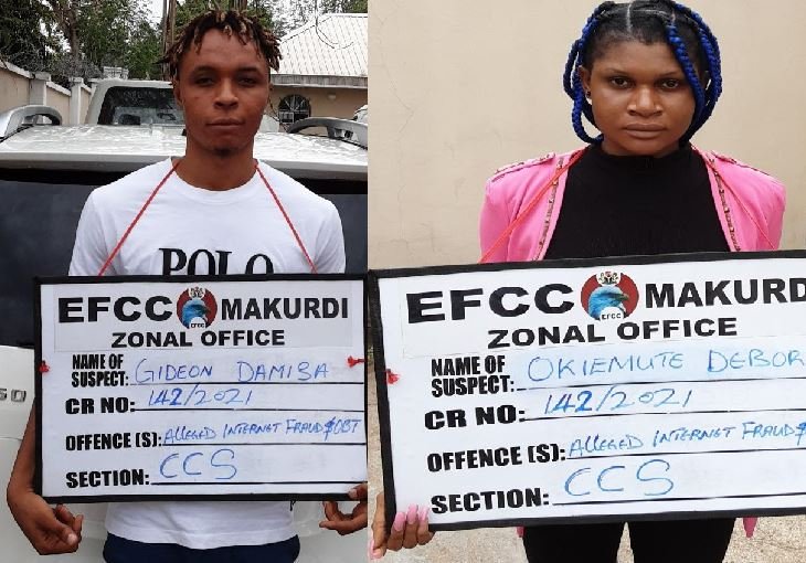 Two convicted of internet fraud in Makurdi Gideon Damisa and Deborah Okiemute were arrested for internet fraud in Makurdi, Benue State