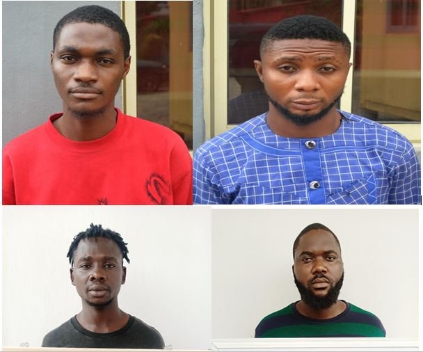 L-R: Charles Jude Albert, Obitokun Olugbade Solomon, Kolawole Bankole Opeyemi and Ogunbayo Peter Oluwatobiloba (aka Racheal Brinkley) were arraigned by EFCC for impersonation