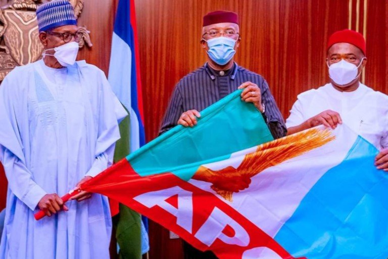 President Muhammadu Buhari, Anambra Deputy Governor, Nkem Okeke, and Imo state Governor, Hope Uzodinma