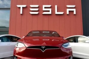 Tesla Model Y electric vehicle at a showroom in Beijing amid China’s safety concerns over hidden door handles.