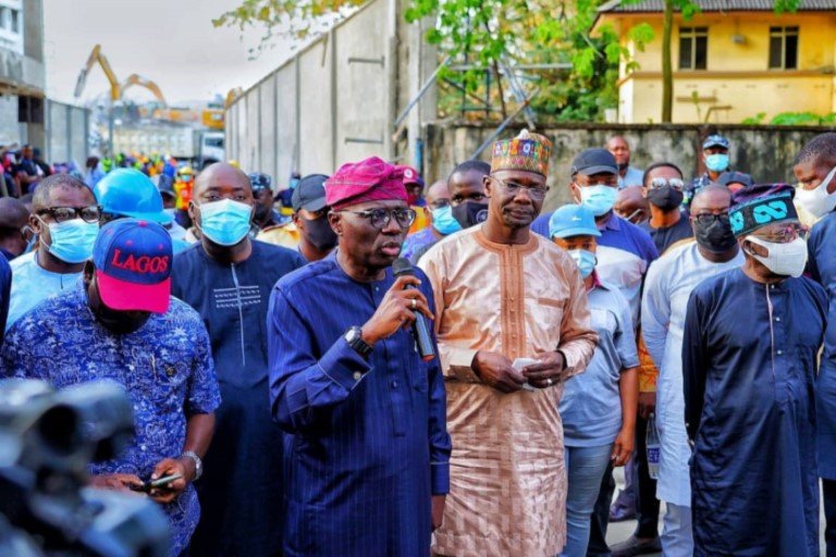 Lagos State Governor, Babajide Sanwo-Olu, Asiwaju Bola Ahmed Tinubu and Nasarawa State governor, Abdullahi Sule visit the site of the Ikoyi building collapse