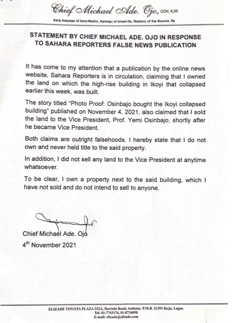 Chief Michael Ade-Ojo replies SaharaReporters