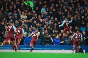 Aston Villa players celebrate during dominant Europa League win over Bologna at Villa Park