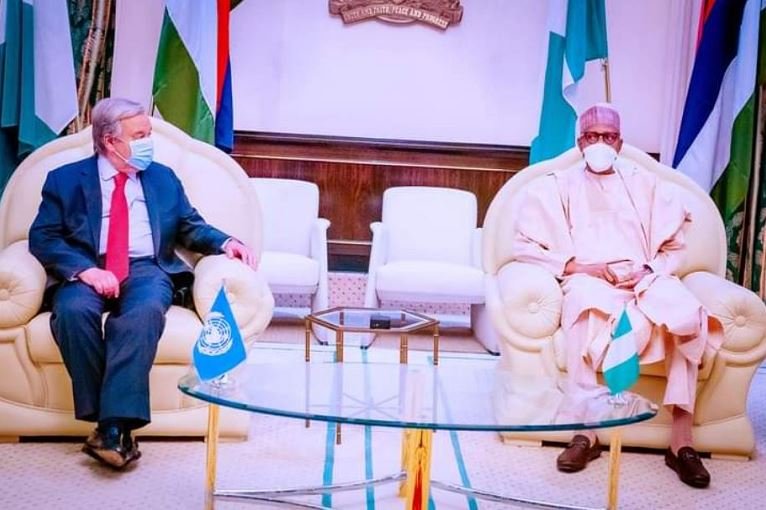UN Secretary General, Antonio Guterres and President Muhammadu Buhari at the Aso Villa in Abuja, Nigeria's capital