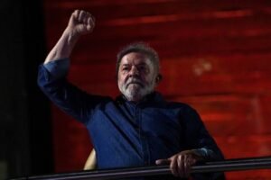 Brazil's former President and presidential candidate Luiz Inacio Lula da Silva reacts at an election night gathering on the day of the Brazilian presidential election run-off, in Sao Paulo, Brazil