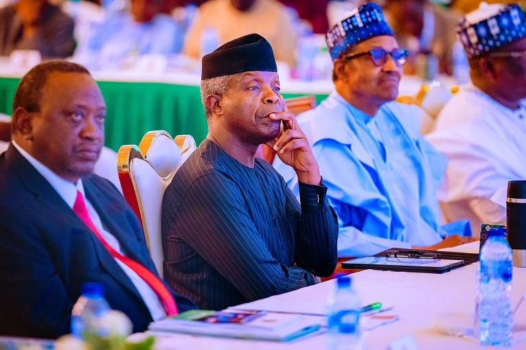 Former Kenya President, Kenyatta Uhuru; Vice President Yemi Osinbajo and President Muhammadu Buhari at the 3rd Ministerial Performance Review Retreat for Ministers, Permanent Secretaries and Top Government Functionaries