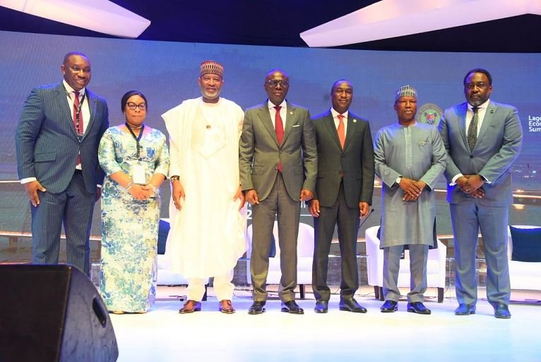 L-R: Sam Egube, commissioner for economic planning and budget, Lagos State; Nike Aboderin, director, finance and account, Federal Airports Authority of Nigeria (FAAN); Hadi Sirika, minister of aviation; Babajide Sanwo-Olu, governor, Lagos State, his deputy Obafemi Hamzat; Rabiu Yadudu, managing director, FAAN, and Ope George, director general, Public Private Partnership, Lagos State Government, during the opening ceremony of Ehingbeti Lagos Economic Summit 2022 in Lagos. Lekki-Epe Airport