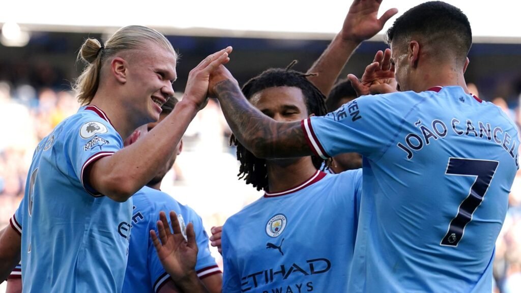 Erling Haaland celebrates with his team-mates after scoring during Man City's win over Southampton