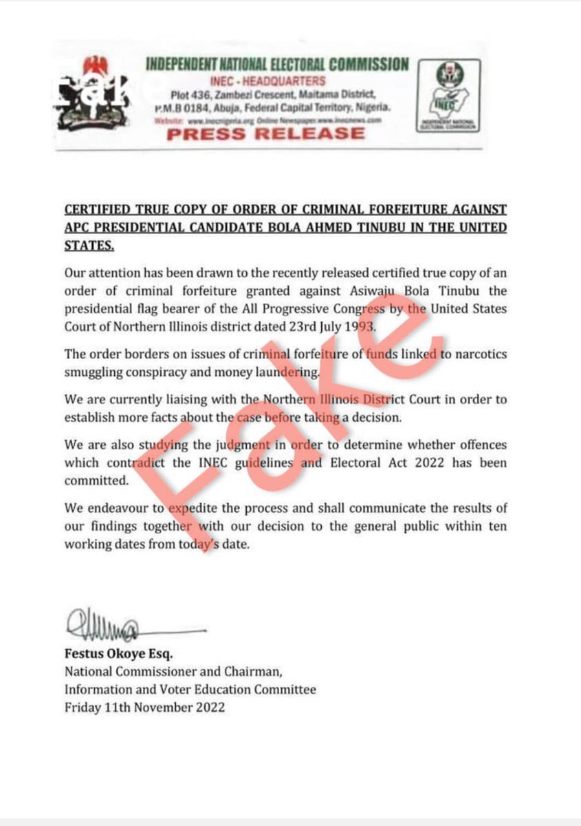 INEC Tinubu Press Release