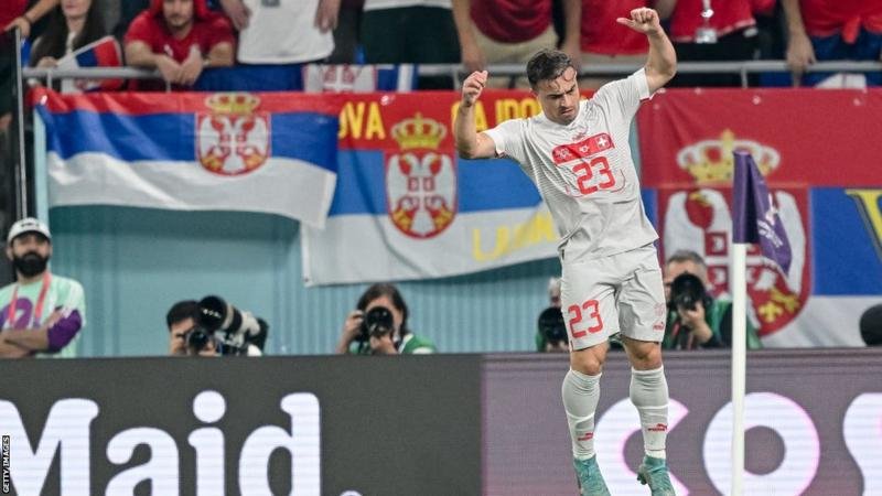 Xherdan Shaqiri celebrated in front of the Serbia fans behind the goal