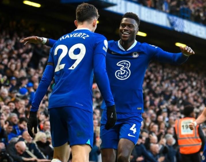 New Chelsea signing Benoit Badshile celebrates with Kai Havertz after scoring the only goal of the match