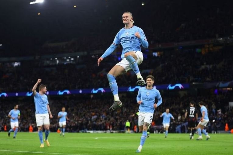 Manchester City's Erling Braut Haaland celebrates scoring their fifth goal