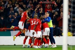 Nottingham Forest players celebrate after Morgan Gibbs-White scores their third goal Action Images via Reuters/Andrew Boyers