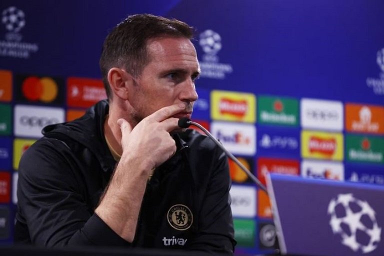Frank Lampard speaking at the press conference ahead of the second leg against Real Madrid at Stamford Bridge