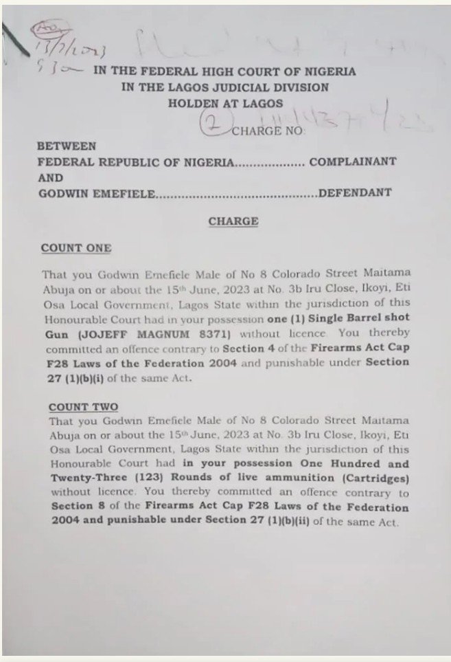 Firearm possession charges against Godwin Emefiele