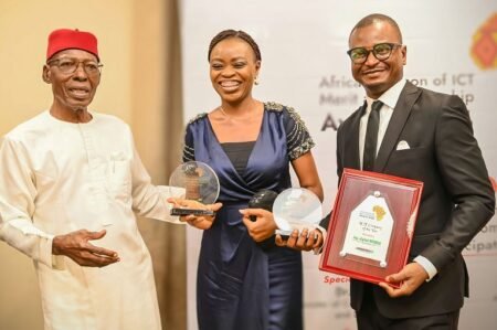 L-R: Founder, Mobile Software Solutions, Chris Uwaje; Senior Account Manager, inq. Nigeria, Oluwadamilola Adinlewa and Digital Marketing Specialist, inq. Nigeria, Gbenga Olaoye at the 2024 Edition of ABoICT Awards in Lagos