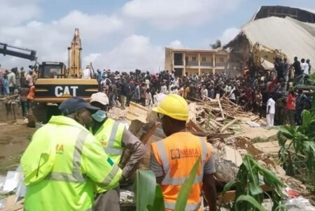 NEMA and other rescue agencies search for victims under the rubbles at Saint Academy school in Jos, Plateau State