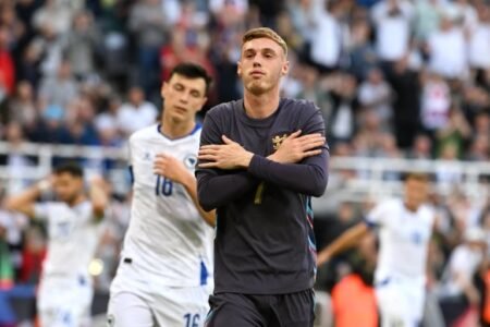 Cole Palmer celebrates after scoring in his first start for England against Bosnia & Herzegovina on June 3