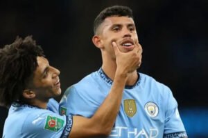 Matheus Nunes celebrate his first Manchester City goal on his 34th senior appearance for the club