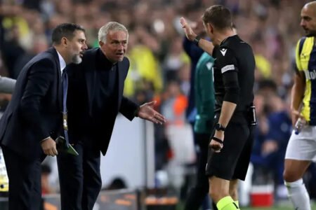 Fenerbahce manager Jose Mourinho was shown a red card by referee Clement Turpin in the second half