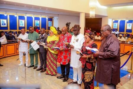 Governor Siminalayi Fubara swears in local government chairmen one day after elections were held across the oil-rich state