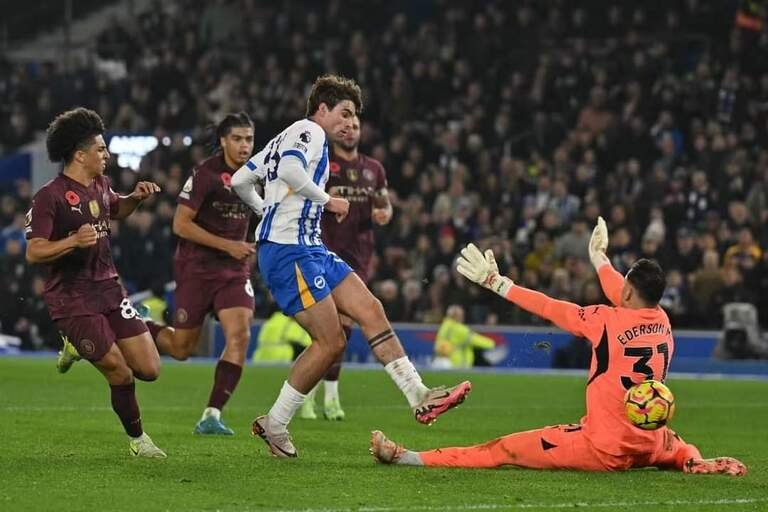 Matt O'Riley fires the ball past Ederson to give Brighton the lead against Man City