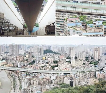 Residential apartments under overhead bridge in China