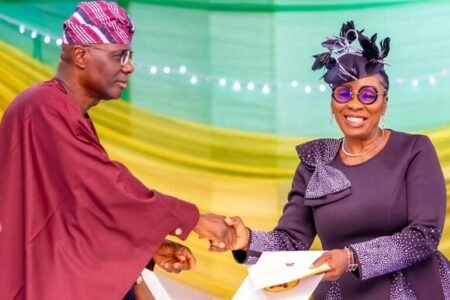 Governor Babajide Sanwo-Olu of Lagos State congratulating Hon. Justice Bola Okikiolu Ighile as new chairman of Lagos State Independent Electoral Commission (LASIEC)