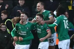 Plymouth players wildly celebrated Ryan Hardie's penalty