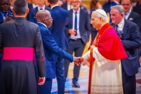 President Tinubu with Nigerian Catholic bishops at Vatican during Pope Leo XIV inauguration