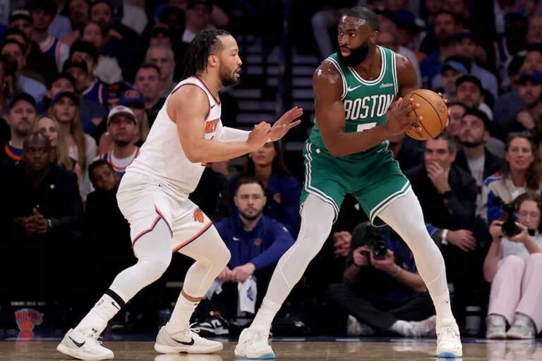 Boston Celtics guard Jaylen Brown (7) controls the ball against New York Knicks guard Jalen Brunson (11) during the first quarter of game six in the second round of the 2025 NBA Playoffs at Madison Square Garden. REUTERS
