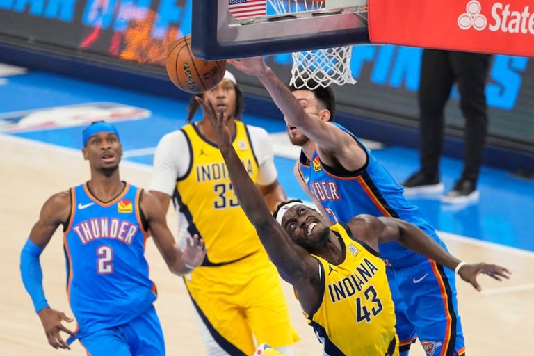 Indiana Pacers forward Pascal Siakam shoots the ball against Oklahoma City Thunder forward Chet Holmgren during the first quarter of Game 2 of the 2025 NBA Finals at Paycom Center. Photo: Reuters