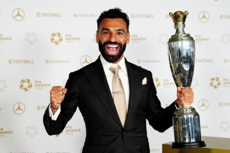Salah wins record-breaking third PFA Player of the Year award Salah celebrates his PFA Player of the Year