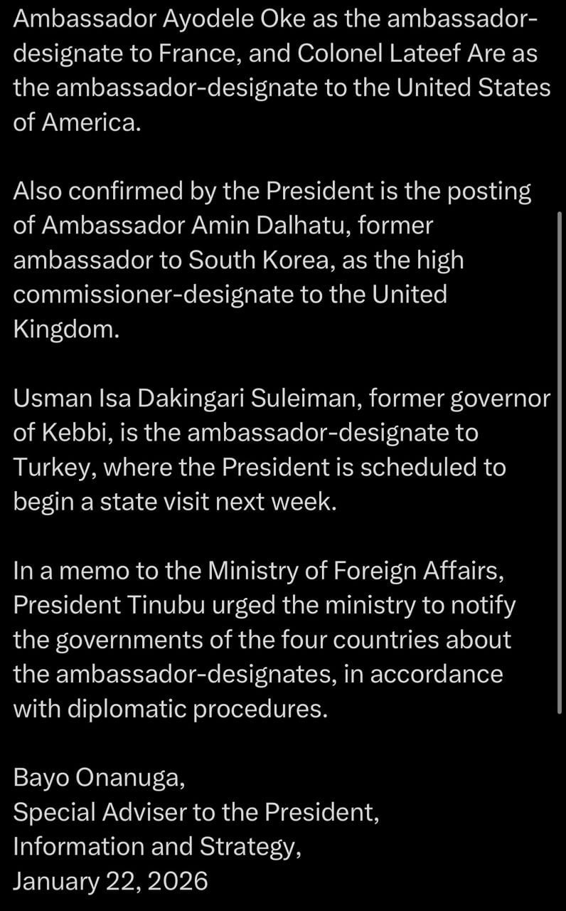 Now deleted X post announcing Dakingari’s posting