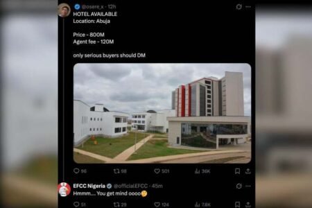 Nigerian lists EFCC HQ as hotel for sale in viral joke, anti-graft reacts