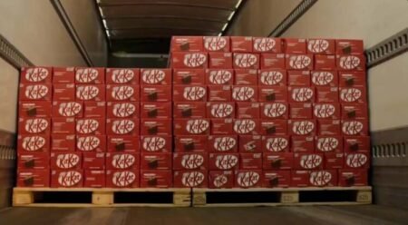 Boxes of KitKat chocolate bars loaded in a transport truck in Europe
