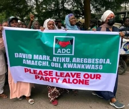 ‘Leave our party alone’: ADC women tell Mark, Atiku, Obi ADC supporters protest holding banner telling Nigerian politicians to stay away from party