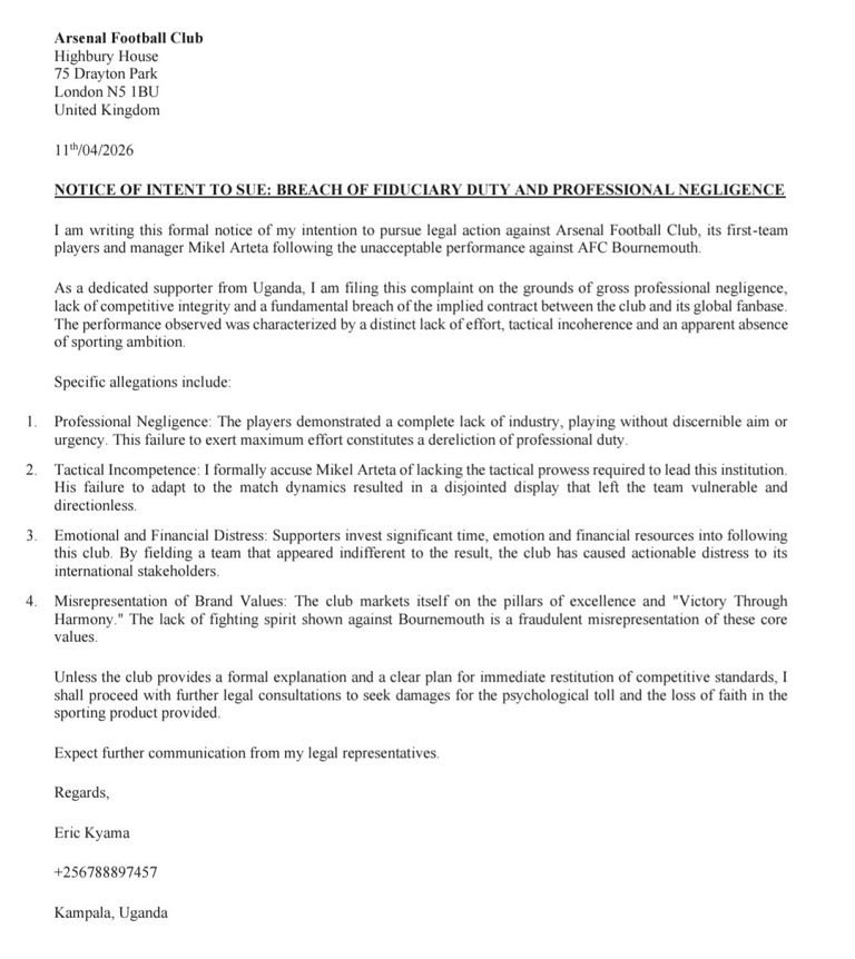 Arsenal fan threatens lawsuit over Bournemouth loss