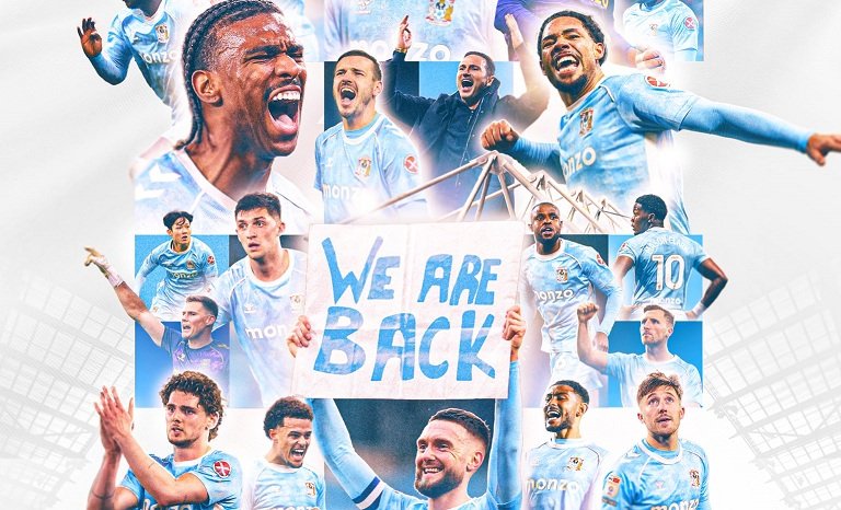 Coventry City players celebrate promotion to the English Premier League after draw with Blackburn