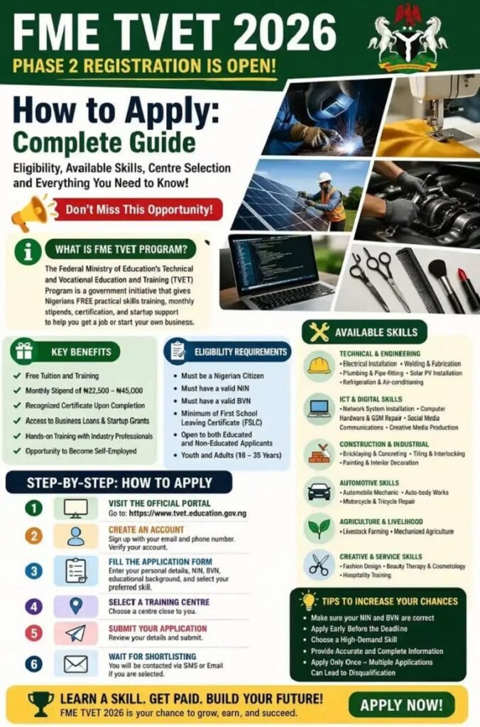 Poster announcing FME TVET 2026 registration with application steps, benefits and available skills