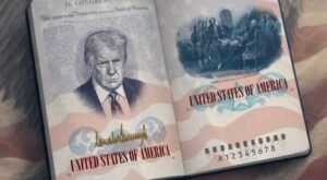 Mock-up of a US commemorative passport featuring Donald Trump portrait and America250 anniversary design elements.