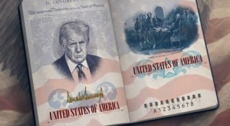 Mock-up of a US commemorative passport featuring Donald Trump portrait and America250 anniversary design elements.