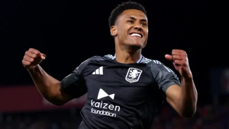 Ollie Watkins celebrates after scoring twice as Aston Villa beat Bologna in Europa League quarter-final first leg