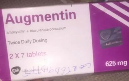 Packets of counterfeit Augmentin 625mg tablets flagged by NAFDAC over fake batch numbers and health risks in Nigeria.