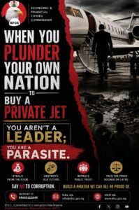EFCC anti-corruption infographic condemning leaders who loot public funds to buy private jets.