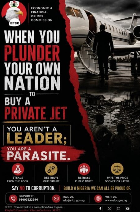 EFCC anti-corruption infographic condemning leaders who loot public funds to buy private jets.