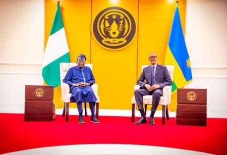 President Bola Tinubu meets Rwanda’s President Paul Kagame during bilateral talks in Kigali.