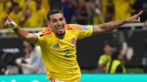 Colombia defender Daniel Munoz celebrates after scoring the winning goal in a 1-0 World Cup victory over DR Congo in Guadalajara.