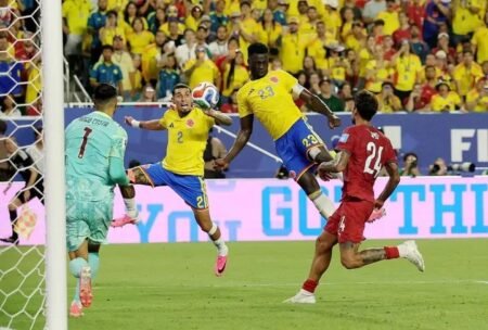 Colombia's Davinson Sanchez scores a goal against Portugal that was later disallowed