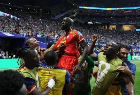 DR Congo forward Yoane Wissa celebrates after scoring twice in the 3-1 World Cup victory over Uzbekistan to secure a place in the last 32.